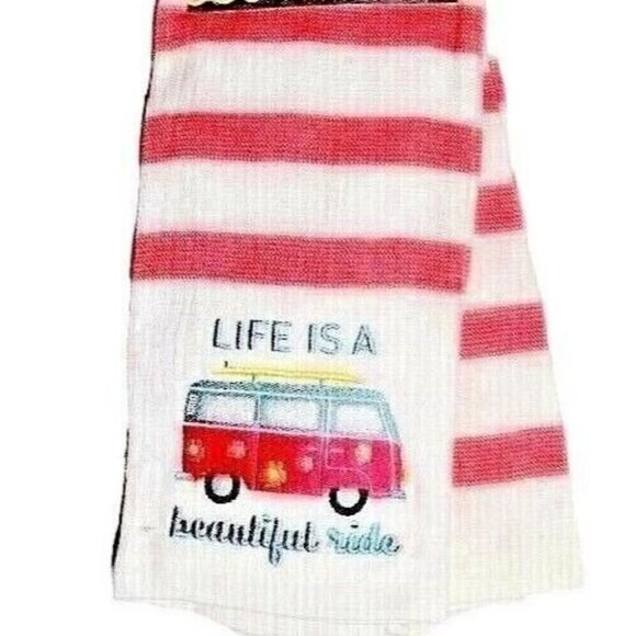 Life is a Beautiful Ride Flower Power Beach Van Pink Bus Surfboard 2-Pc Kitchen - Picture 2 of 6